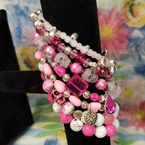 Vibrant Pink and Silver Beaded Bracelet Set
